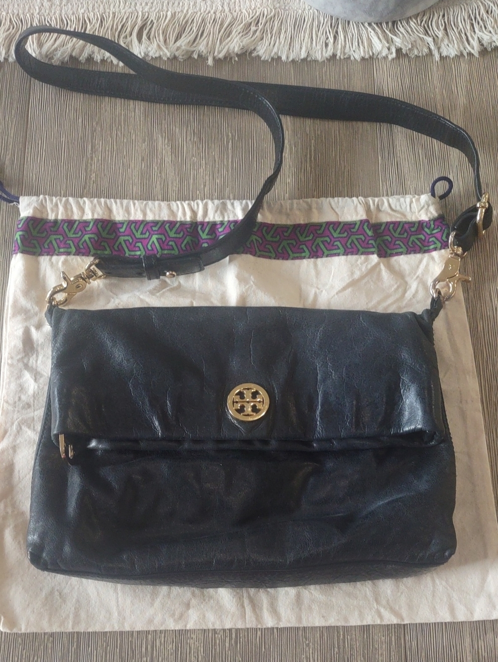 Tory Burch Black Leather Fold-Over/Convertible Crossbody with Gold Tone Logo